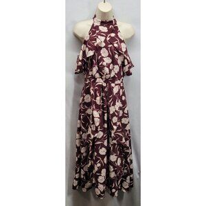 Floral Halter Neck Dress - Burgundy and White